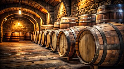 Closeup view of weathered oak wooden barrels in a cellar, barrels, oak, wooden, cellar, aging, storage, old, vintage, rustic