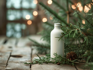 A white bottle of shampoo sits on a wooden table with a branch of flowers.