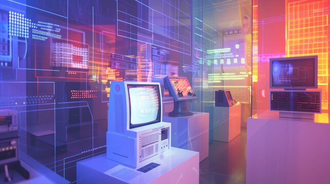 futuristic museum exhibit showcasing the history of computing and data storage