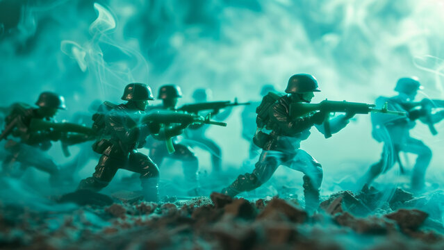  Green plastic toy soldiers positioned as if in a battlefield, with smoke or mist creating a dramatic background.