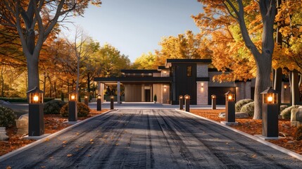 Driveway leading to a modern suburban farmhouse, flanked by lantern-lit posts and autumn trees