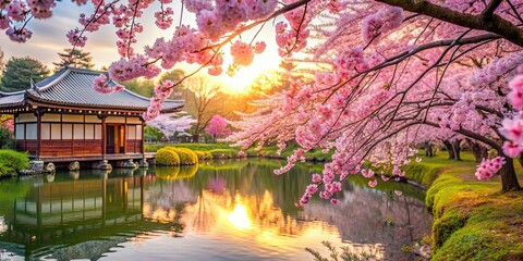 Obraz premium Cherry blossoms blooming in a serene Japanese garden , Japan, summer, flowers, bloom, cherry blossoms, pink, nature