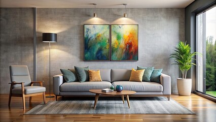 Sofa in modern living room with abstract artwork on wall , sofa, room, interior, design, furniture, home, decor, modern