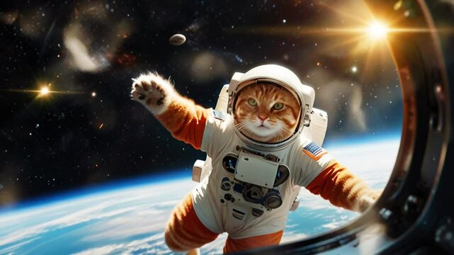 Astronaut cat in space with beautiful stars, in a smooth looping background with 4K video animation