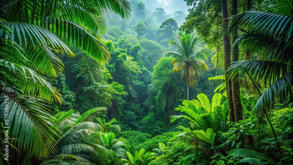 Poster Lush greenery of an Asian tropical rainforest, jungle, trees, foliage, exotic, flora, fauna, vibrant, biodiversity, canopy