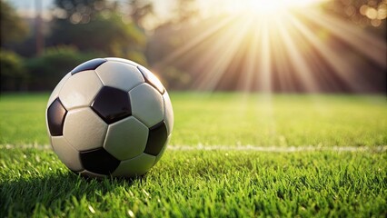 Fototapeta premium Soccer ball resting on grass field , soccer, ball, football, field, sport, game, grass, outdoor, exercise, goal, equipment, round