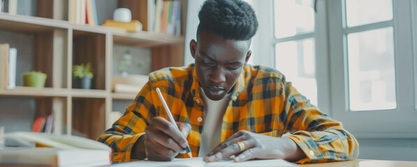 Young man writing in notebook at desk near window