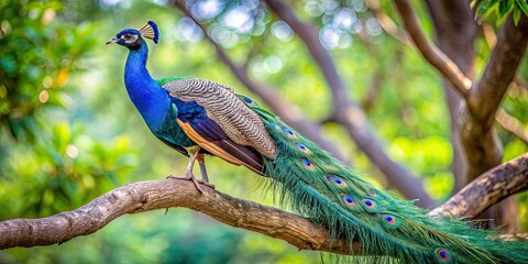 Fototapeta premium Blue peacock sitting on a tree branch, detailed and graceful peacock bird, blue, peacock, bird, tree, branch, intricate