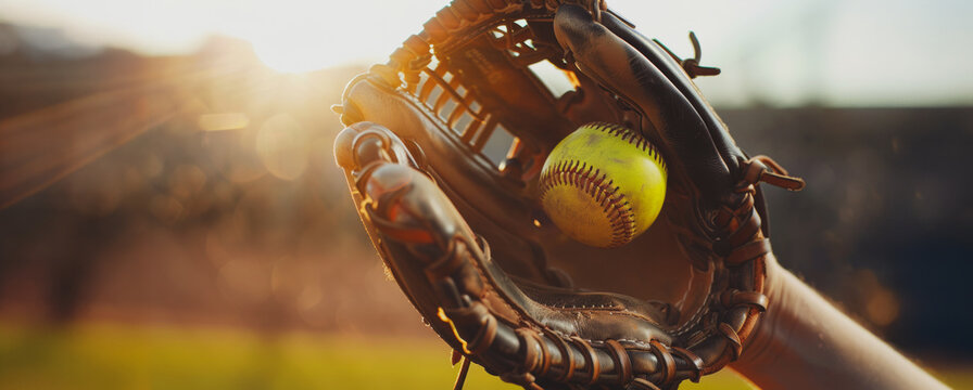 Close-up of a softball glove catching a ball during a game at sunset