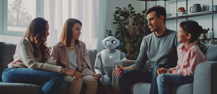 Father and daughter interact with a humanoid robot, forming a connection in a modern home, in a futuristic setting AIG62 - Powered by Adobe