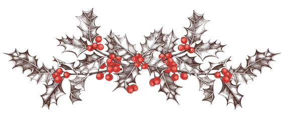 Holly berry vector garland in vintage style