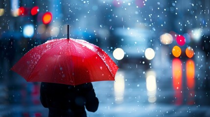 Person with a red umbrella walking in the city during a rainy night with blurred lights and raindrops creating a serene atmosphere.