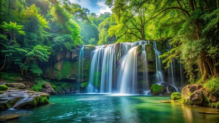 Fototapeta premium Panoramic view of a tranquil deep forest waterfall , deep forest, waterfall, panoramic, beauty, serene, nature, cascade