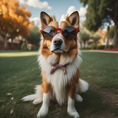 Portrait of a red-haired corgi dog with sunglasses in the park. generative ai