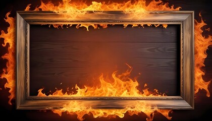 Fototapeta premium A wooden frame background burning in hot flames with matellic colours