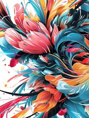 A colorful flower with a blue stem. The flower is surrounded by a white background. The colors of the flower are bright and vibrant, creating a sense of energy and life. The image is a work of art