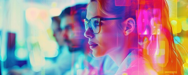 A woman wearing glasses is looking at a computer screen. The image is a colorful abstract of a woman's face with a computer monitor in the background. Scene is focused and determined