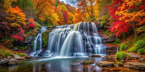 Waterfall in autumn surrounded by colorful foliage, captured with a long exposure , autumn, waterfall, long exposure, scenic