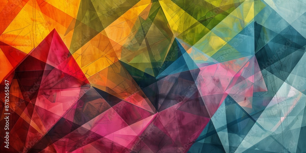 Poster abstract triangles, in the style of line art, transparency, multi color