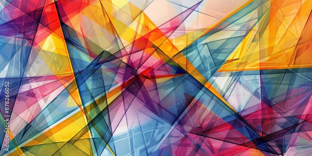 Poster abstract triangles, in the style of line art, transparency, multi color