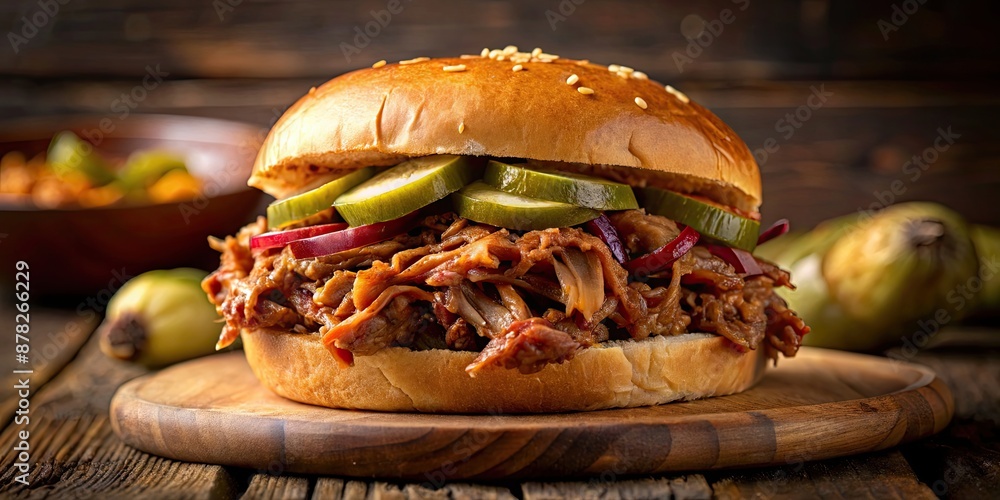 Poster Mouthwatering BBQ pulled pork sandwich topped with zesty pickles , BBQ, pulled pork, sandwich, delicious, food, barbecue, meat