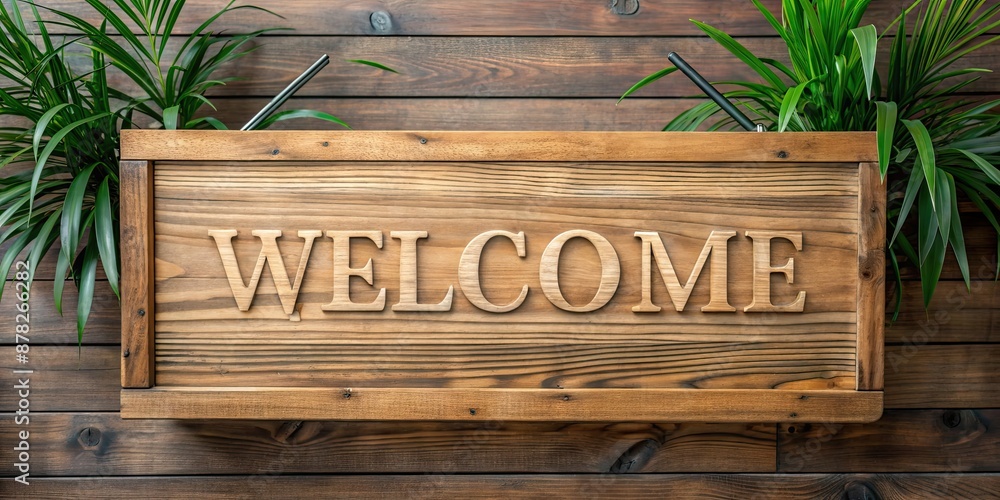 Poster Mock up welcome board on a wooden background with space for text, mock up, welcome board, template, sign, wooden, background