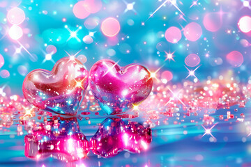 Fototapeta premium Two hearts are harmoniously combined with transparent turquoise waters, a symbol of love for Valentine's Day, a space for text, and a bokeh-style background