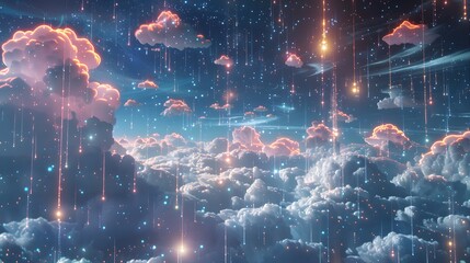 Obraz premium A celestial realm where data drifts on the currents of the internet, gathered in clouds that rain information upon the earth, reducing the burden on individual data centers