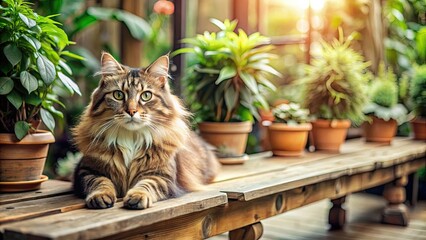 Naklejka na ściany i meble Fluffy cat lying on rustic wooden bench, staring curiously, in a home with plants, cat, fluffy, pet, rustic, wooden bench, curious