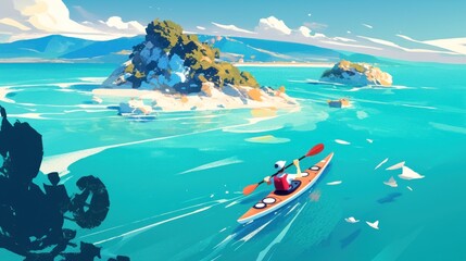 A person is kayaking on the sea in a flat abstract art style with bright colors, art for hobbies and sports. The overall atmosphere provides an exciting adventure experience with a calm atmosphere