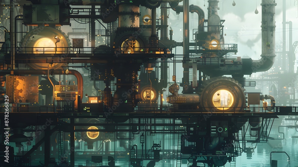 Poster a surreal factory where gears and circuits intertwine, crafting energy-efficient marvels that hum so