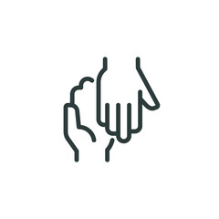 Outline icon human hand supporting the hand, hand on hand. line sign gesture charity and care, help together, caring hands. Vector isolated pictogram for web and app on white background.