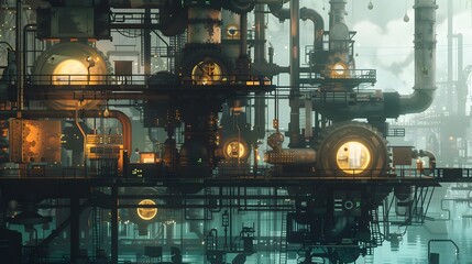 A surreal factory where gears and circuits intertwine, crafting energy-efficient marvels that hum softly with the promise of a greener tomorrow 