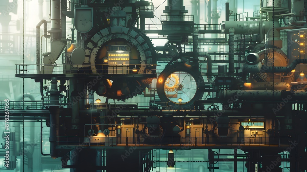 Poster a surreal factory where gears and circuits intertwine, crafting energy-efficient marvels that hum so