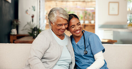 Hug, senior woman and nurse with stethoscope in nursing home for retirement, wellness and elderly care. Female people, medic and embrace as caregiver, staff and support for appointment or check up