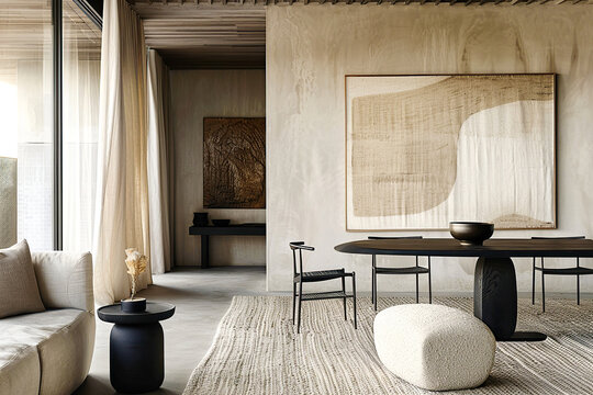 Minimalist, japandi interior design of modern living room with dining table.