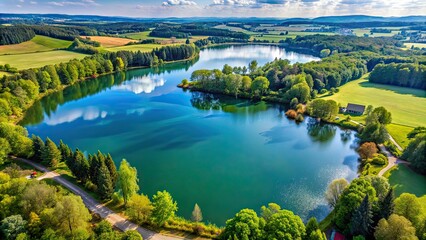 Naklejka premium Aerial view of Huttenheim Lake tranquil water surrounded by greenery, perfect for relaxation and recreation, Huttenheim
