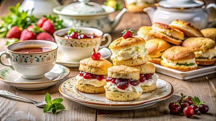 Traditional English afternoon tea with scones, clotted cream, jam, and sandwiches in the background, selective focus