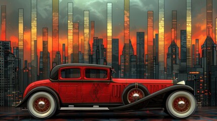 Vintage Car in Cityscape with Sunset