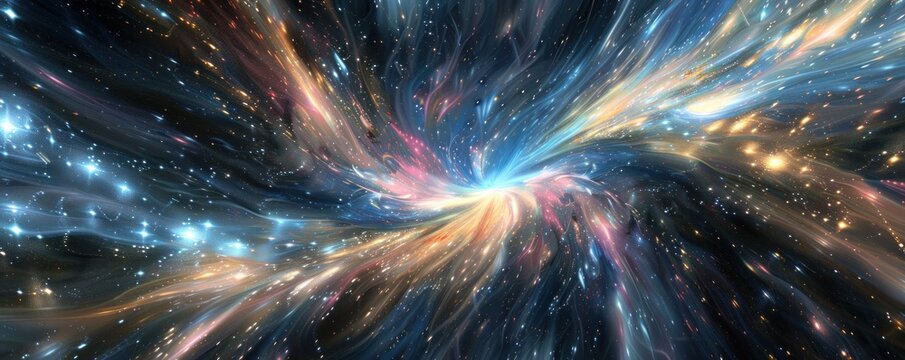 Abstract texture background with a cosmic feel, showcasing swirling galaxies and vibrant starbursts