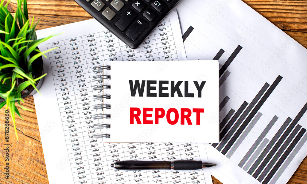 Poster weekly report text on notebook on chart with calculator and pen