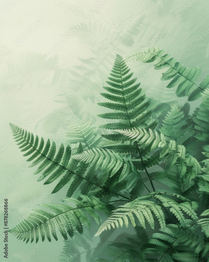 Poster lush 3d fern leaves with natural textures on clean background - botanical 3d rendering with green to