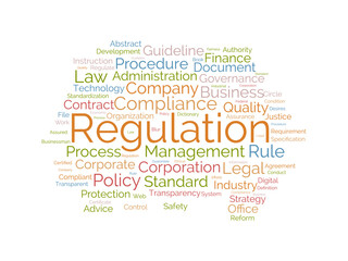 Regulation wordcloud template. Business concept vector background.