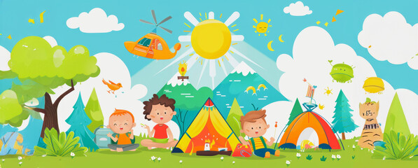 Children camping in the woods on a sunny day