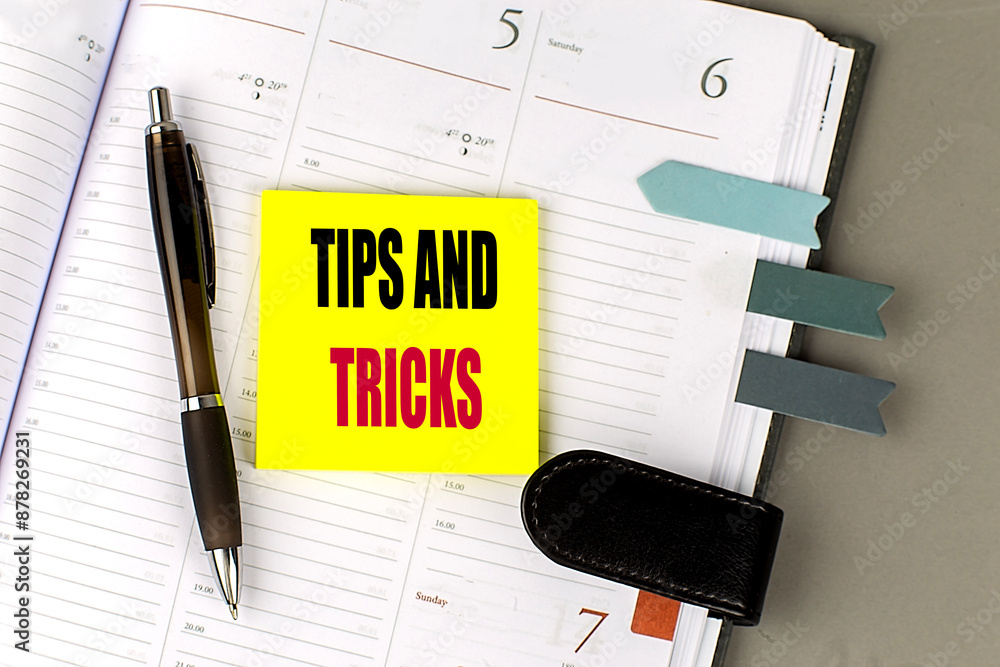 Poster tips and tricks text sticky on dairy on gray background