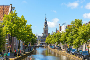 Zijdam canal and historic weigh house on Waagplein square at Alkmaar