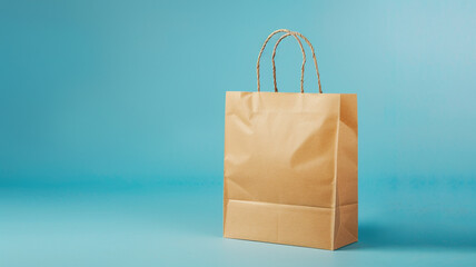 a brown color paper shopping bag set on blue background