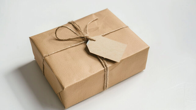 Brown box package with tag isolated on white background