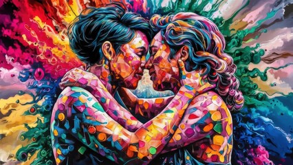 Two women embracing each other in a colorful painting, AI