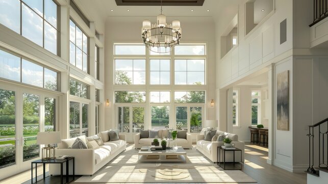 Luxurious suburban farmhouse living room with high ceilings, large windows, and a modern chandelier